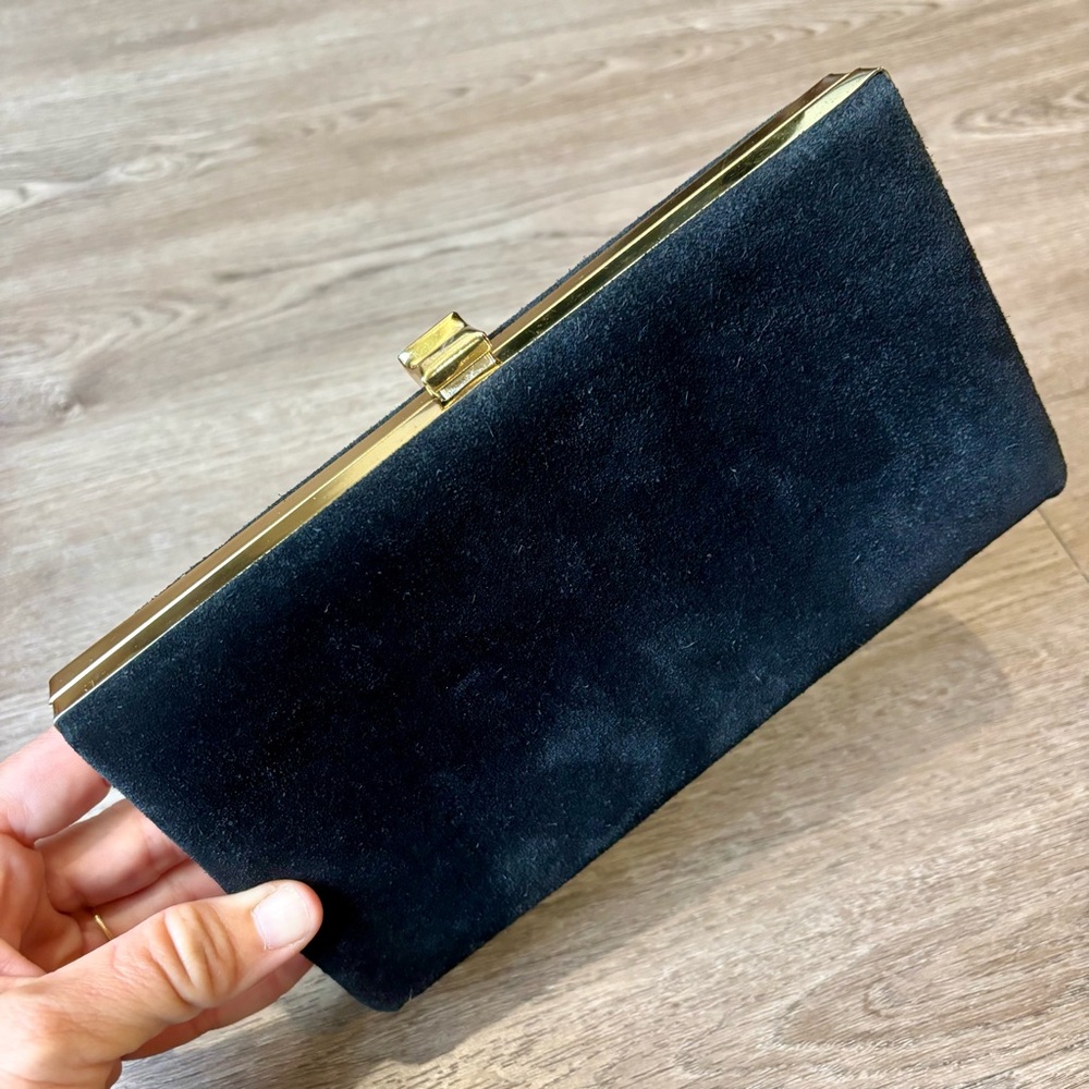 VTG Shirl Miller Black Suede Clutch Mid Century Purse with Gold Clasp, Old Money